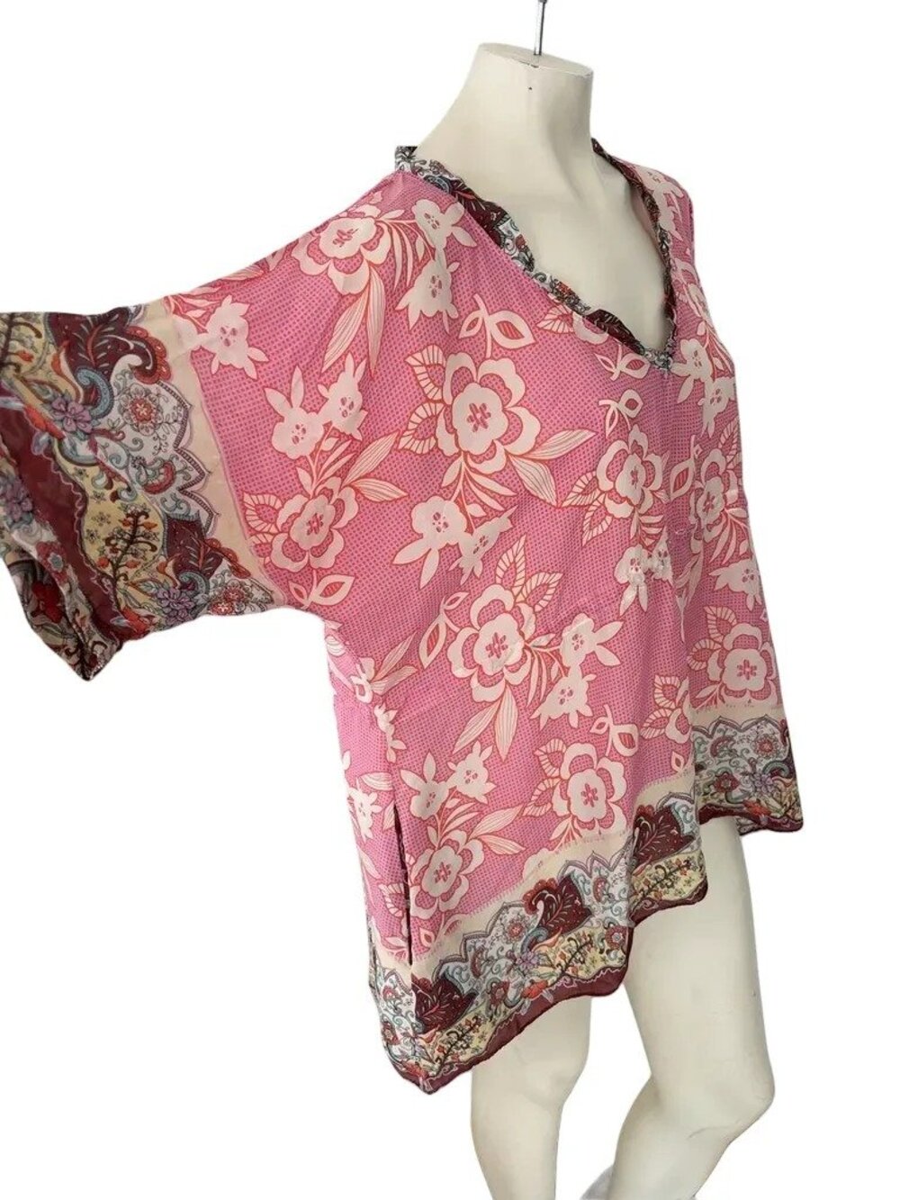JOHNNY WAS 100% Silk Lightweight Floral Kimono Tunic Blouse  Pockets  SZ XL